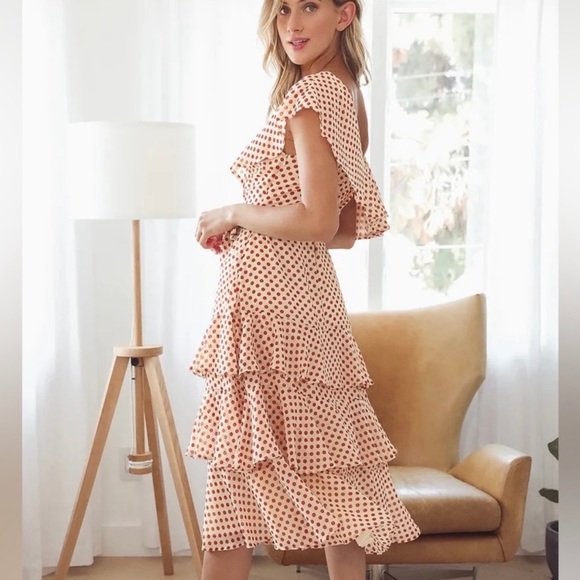 Lulus Cream and Polka Dot Tiered One Shoulder Midi Dress - Picture 3 of 7